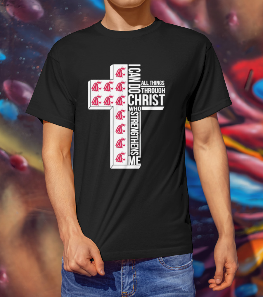 Washington State Cougars Logo I Can Do All Things Through Christ Cross T-Shirt