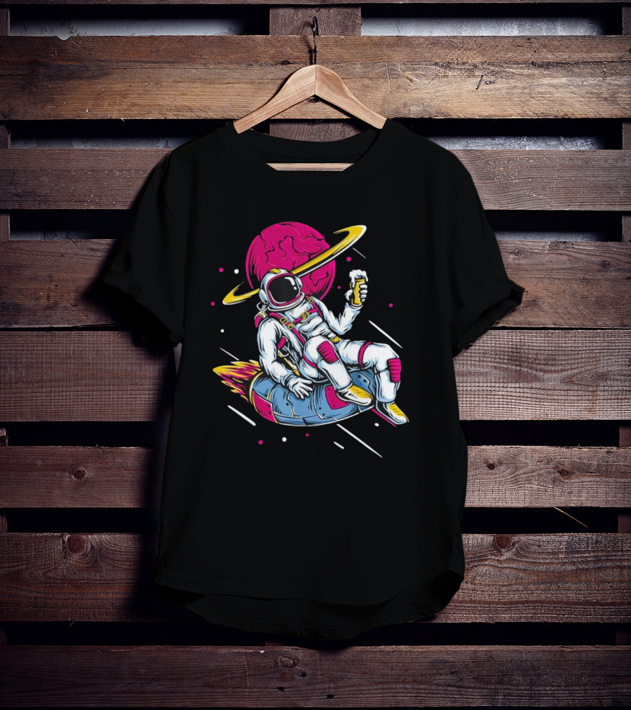 Astronaut Drinking Beer In Space Suit With Planet Background T-Shirt