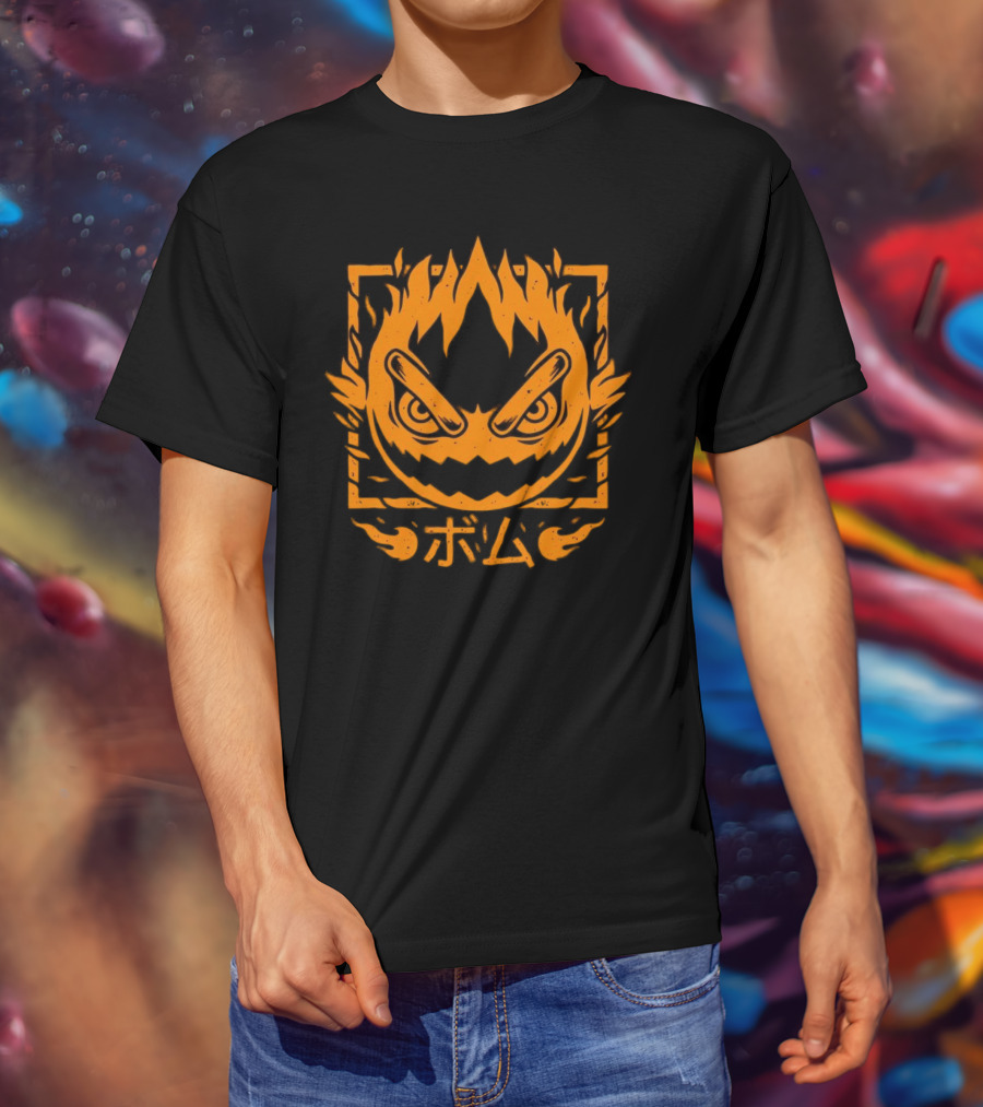 Firebomb Game Flaming Face And Japanese Text T-Shirt