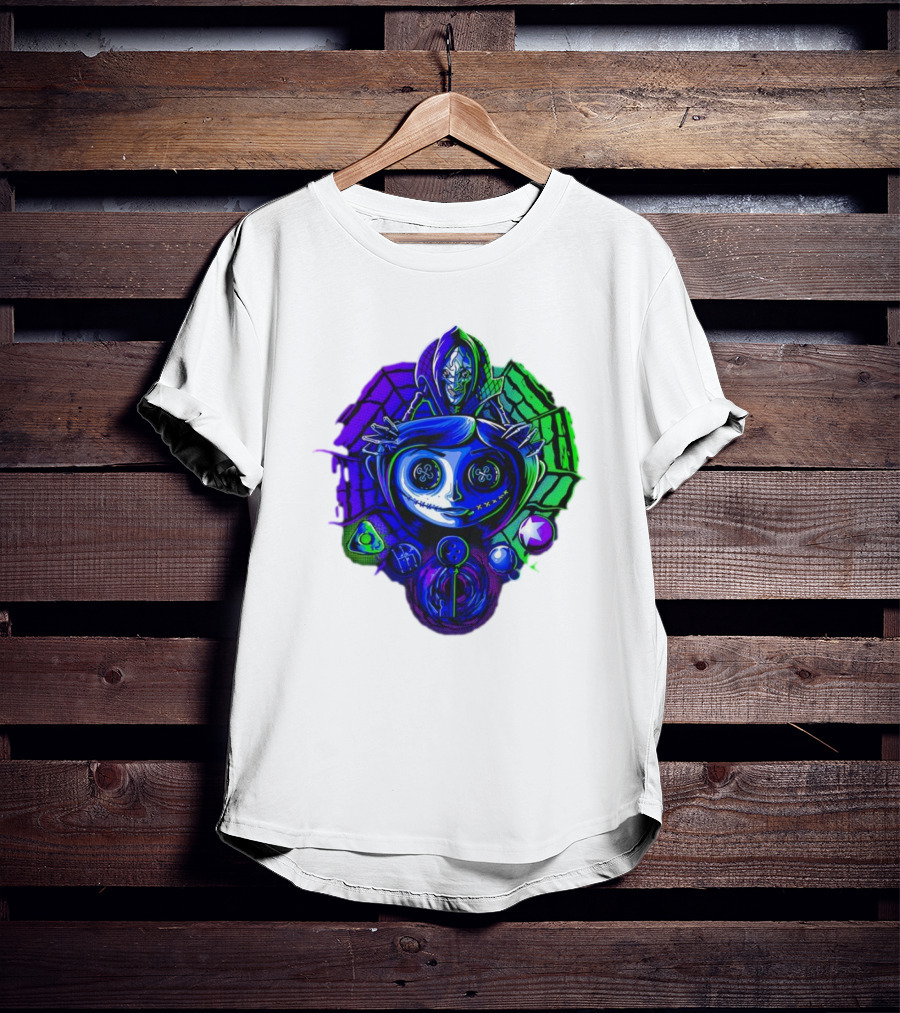 Coraline I'm Trapped Horror Neon Web And Buttons T-Shirt