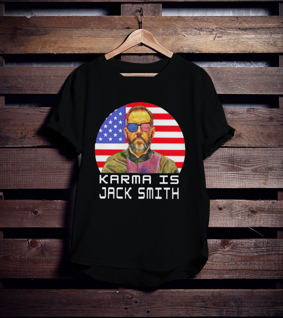 Karma Is Jack Smith With American Flag Background And Patriotic Sunglasses T-Shirt