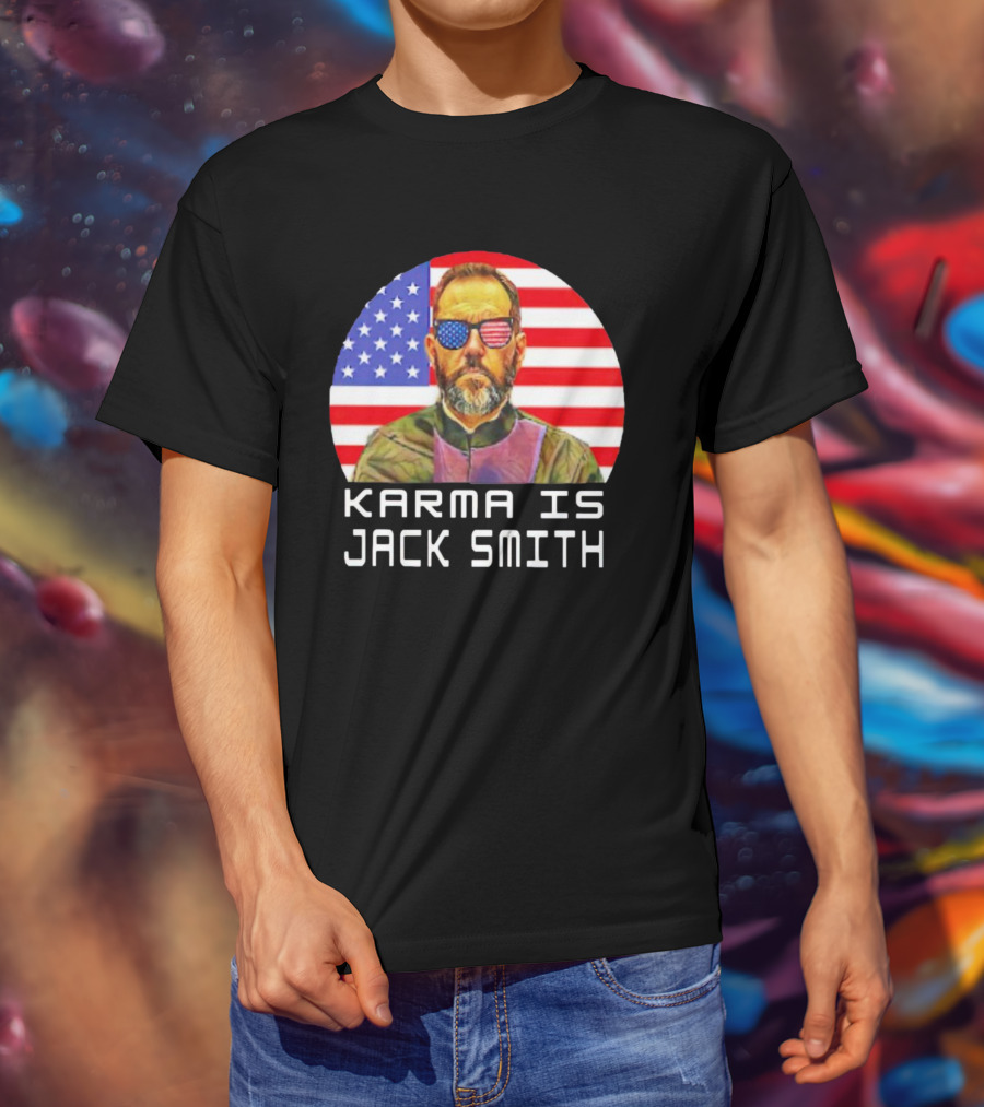 Karma Is Jack Smith With American Flag Background And Patriotic Sunglasses T-Shirt