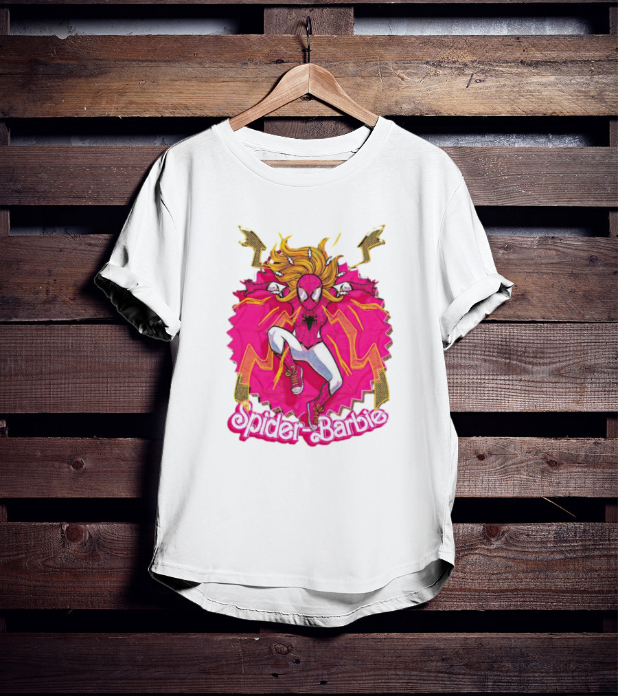 Spider-Barbie Across The Barbie-Verse With Pink Spider Suit And Dynamic Web Background T-Shirt