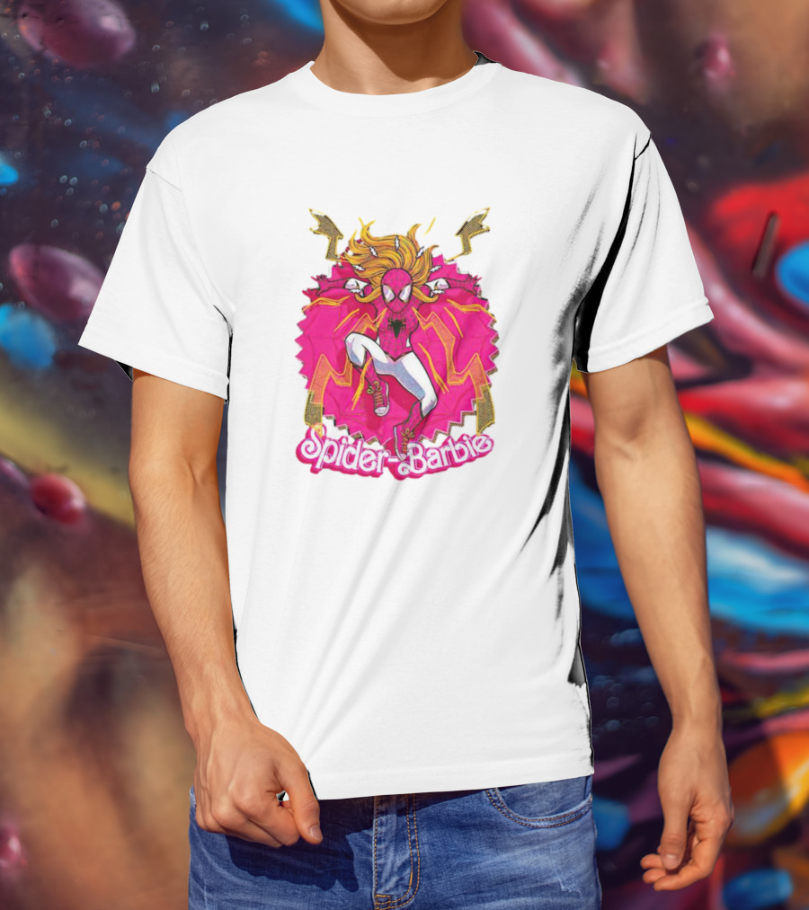 Spider-Barbie Across The Barbie-Verse With Pink Spider Suit And Dynamic Web Background T-Shirt