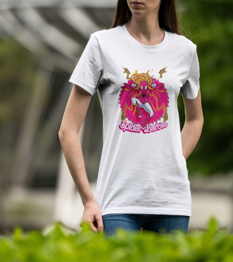 Spider-Barbie Across The Barbie-Verse With Pink Spider Suit And Dynamic Web Background T-Shirt