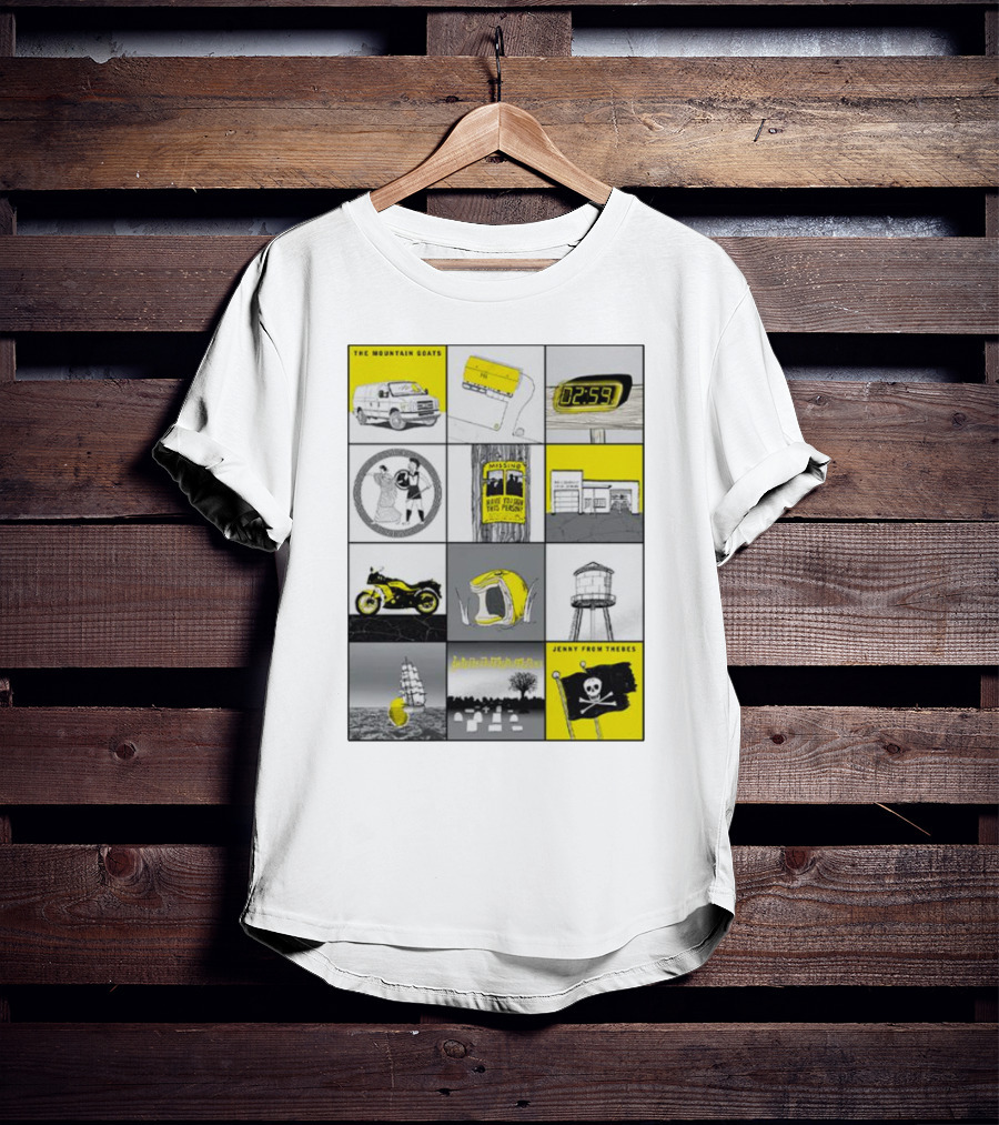 The Mountain Goats Jenny From Thebes Album Art Collage With Van Cassette Clock Sports Motorcycle Tree Water Tower Pirate Ship T-Shirt