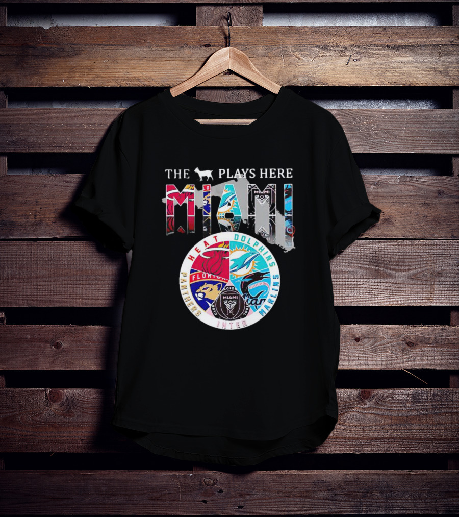 Miami Sports Team Logos Panther Heat Dolphins Marlins Inter The Goat Plays Here T-Shirt