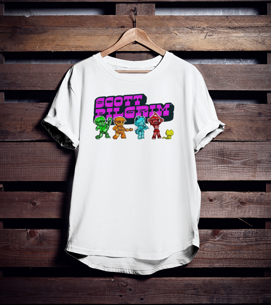 Scott Pilgrim Pixel Characters With Neon Title And Cat T-Shirt