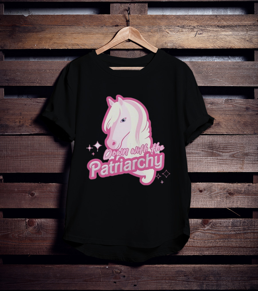 Down With The Patriarchy Pink Horse Illustration With Sparkles T-Shirt