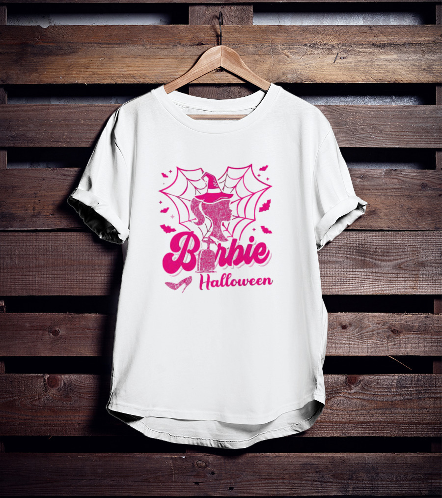 Barbie Halloween Witch Hat Cobweb Silhouette Pink Text Bat Heels T-Shirt