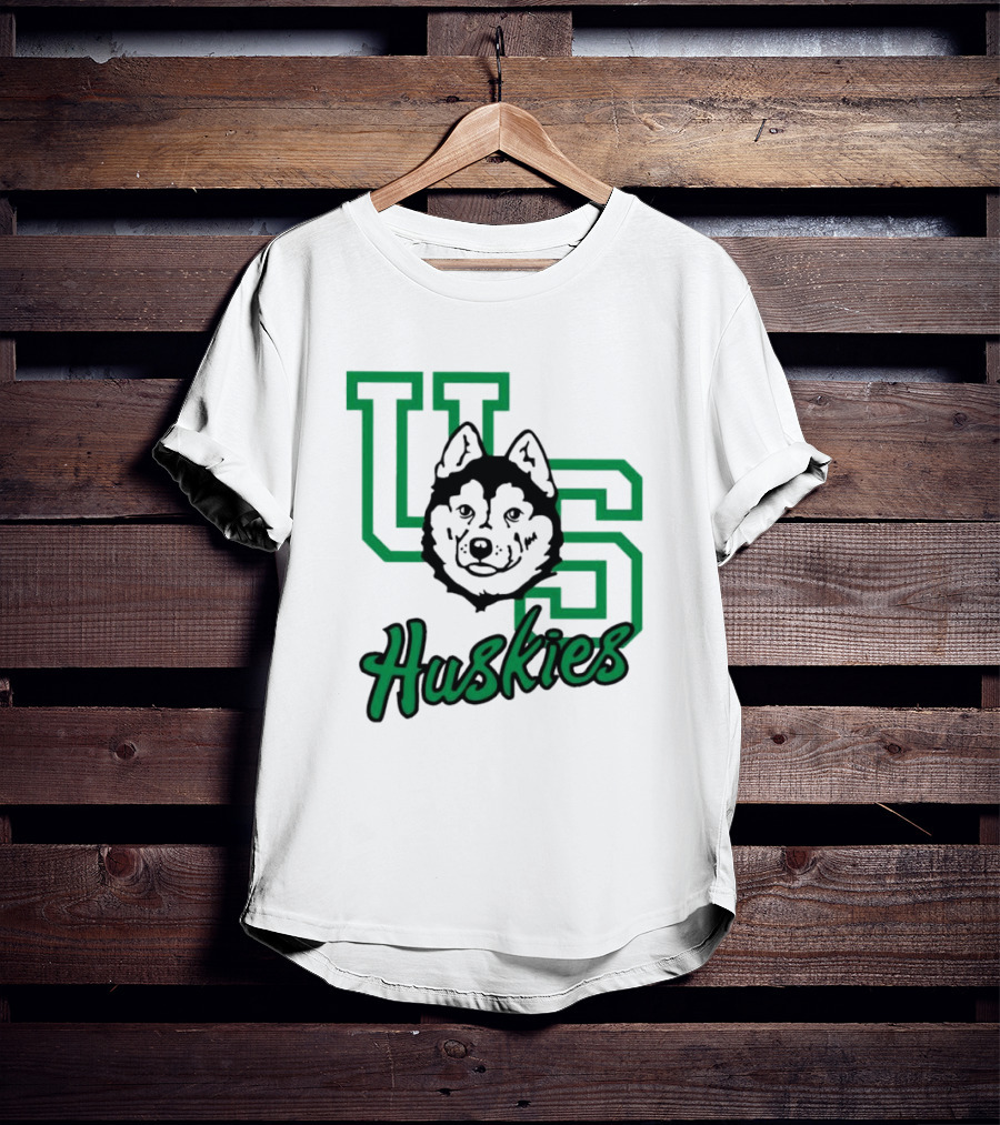 U Of S Huskies Logo With Husky Face Overlapping Bold Green Letters T-Shirt