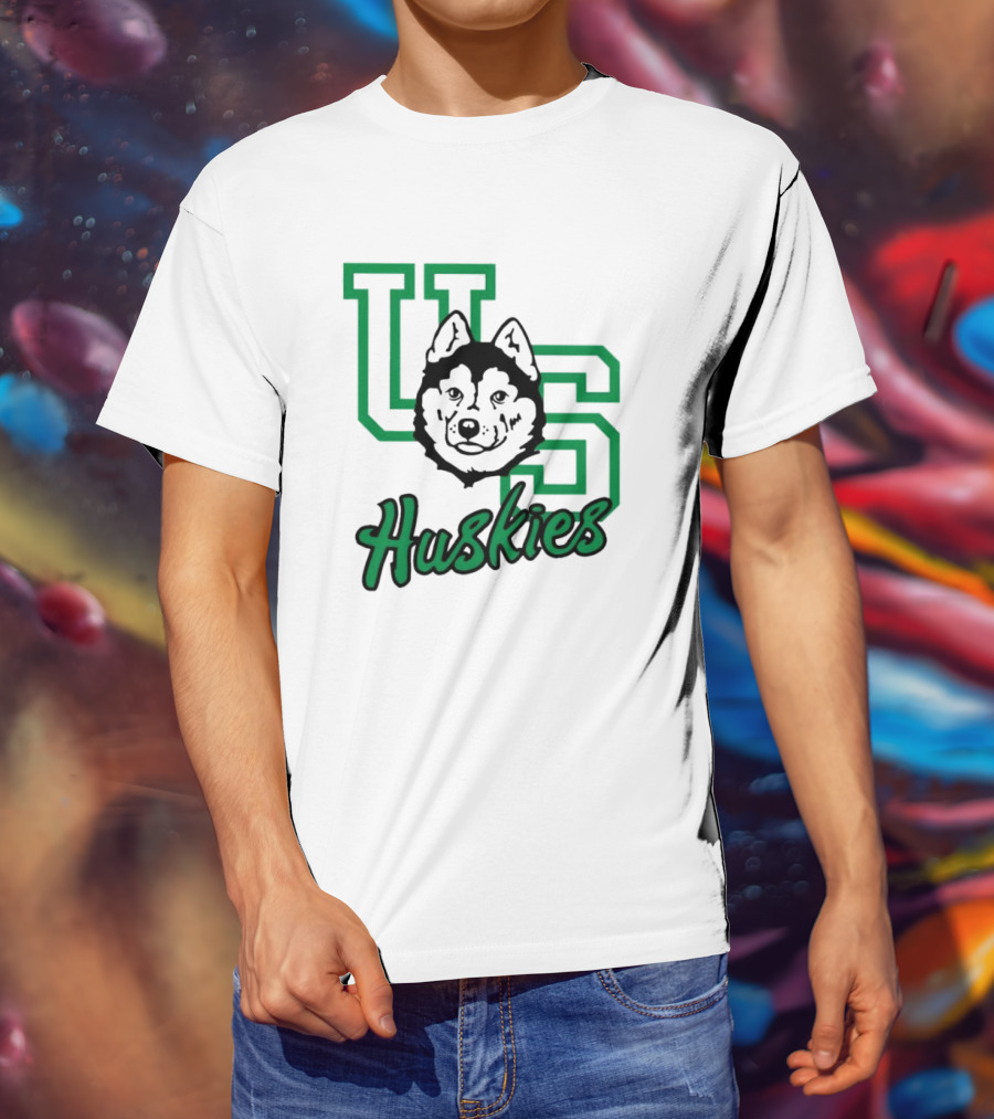 U Of S Huskies Logo With Husky Face Overlapping Bold Green Letters T-Shirt