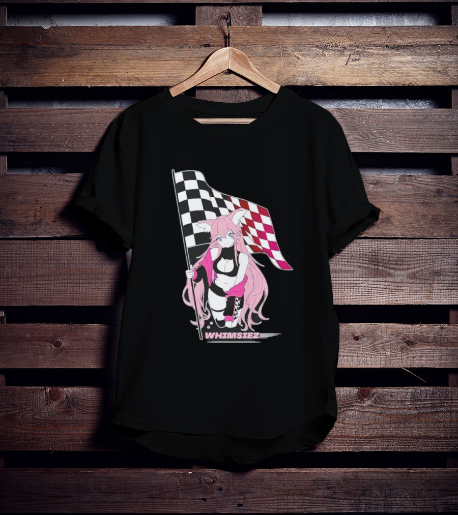 Whimsiez Checkered Flag Pink-Haired Girl Racing T-Shirt