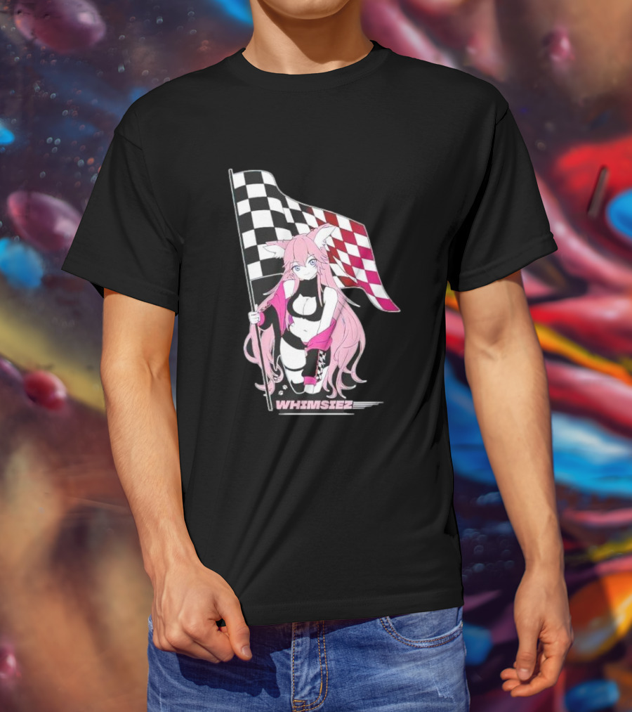 Whimsiez Checkered Flag Pink-Haired Girl Racing T-Shirt
