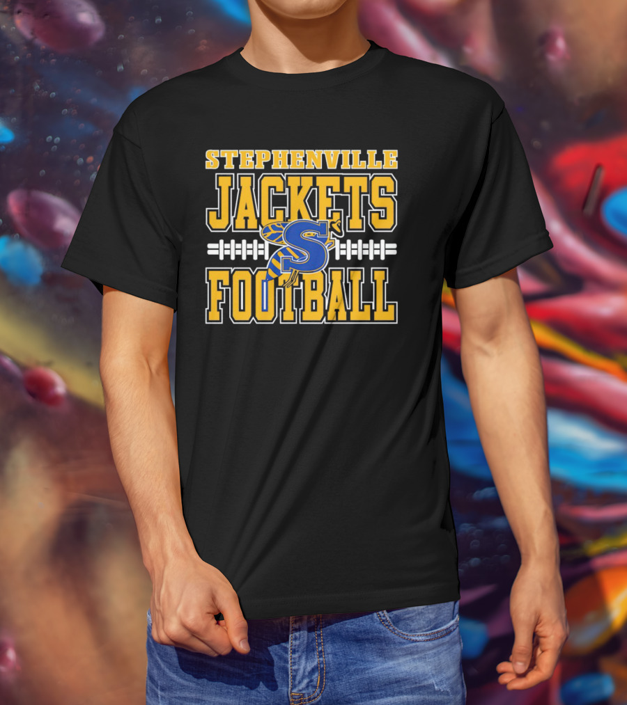 Stephenville Jackets Football S Logo Yellow And Blue Football T-Shirt