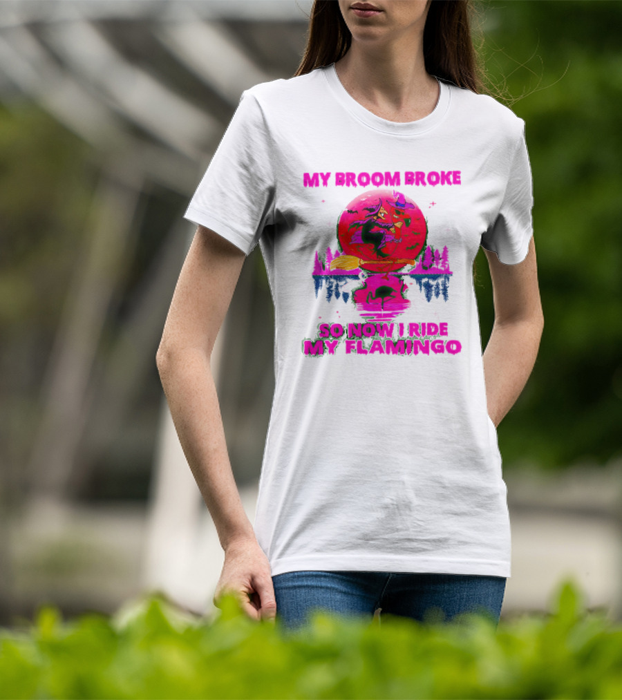 My Broom Broke So Now I Ride My Flamingo Neon Witch And Flamingo Moon Scene T-Shirt