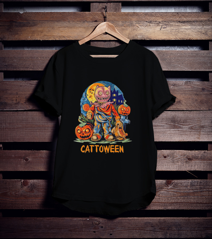 Cattoween Pumpkin Cat Monster Halloween Moon T-Shirt