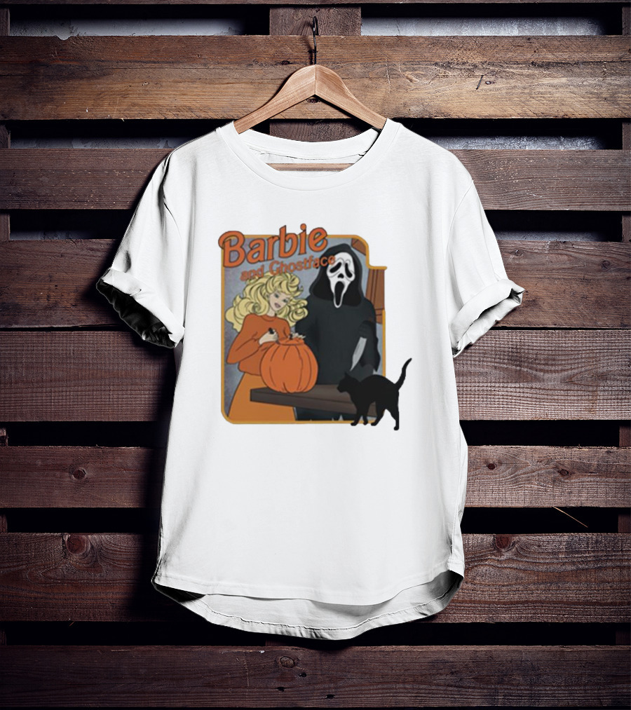 Barbie And Ghostface Halloween Pumpkin Carving Scene With Black Cat T-Shirt