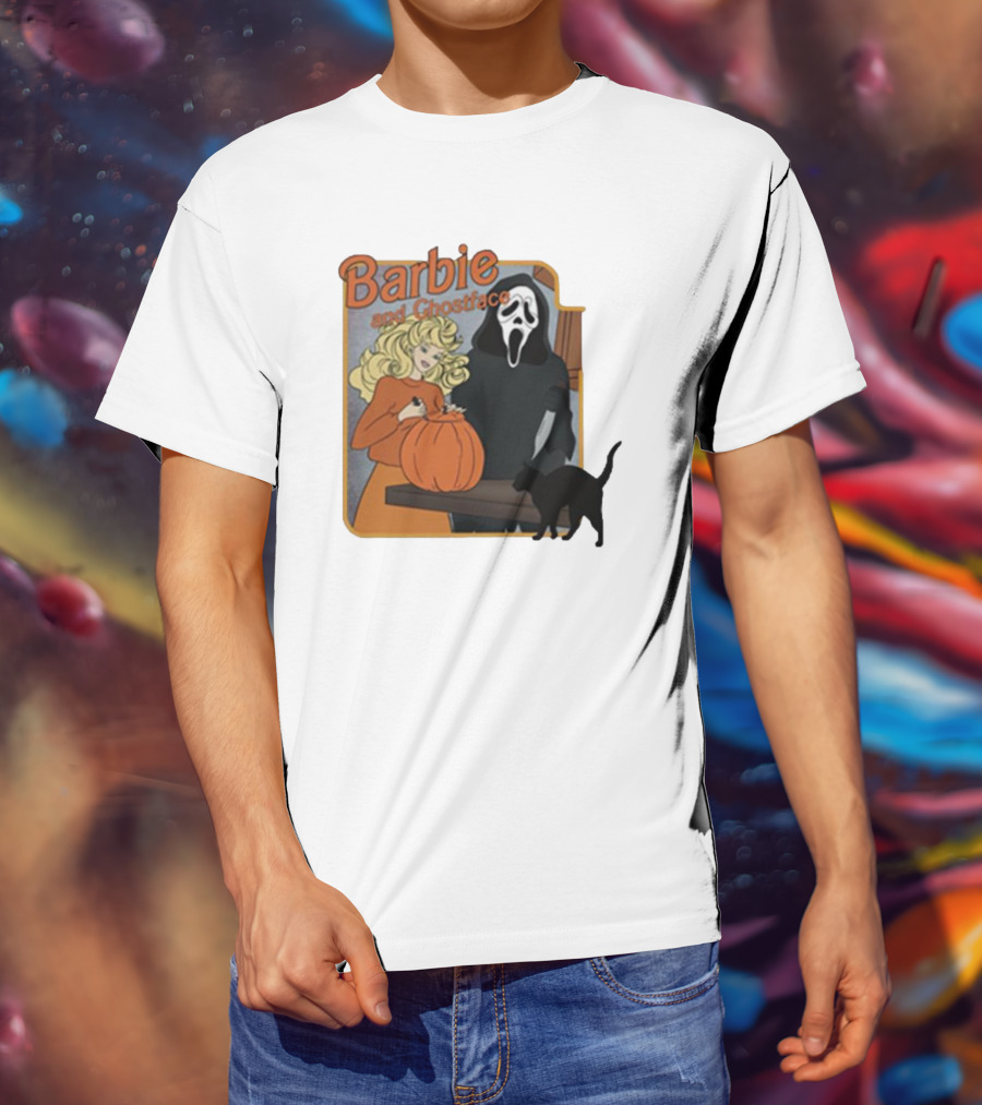 Barbie And Ghostface Halloween Pumpkin Carving Scene With Black Cat T-Shirt