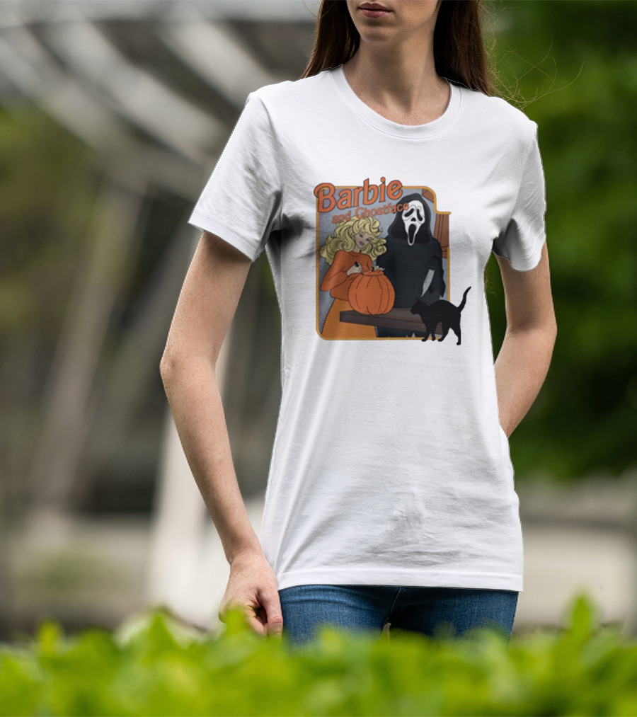 Barbie And Ghostface Halloween Pumpkin Carving Scene With Black Cat T-Shirt