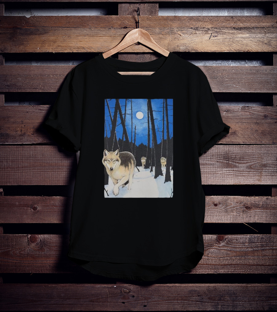 Snow 1995 Wild Earth Wolf Vintage Full Moon Forest Scene T-Shirt