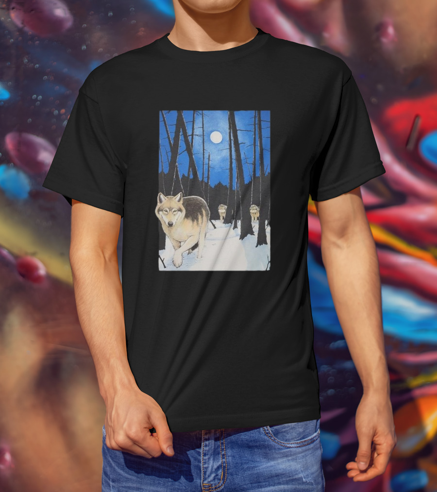 Snow 1995 Wild Earth Wolf Vintage Full Moon Forest Scene T-Shirt
