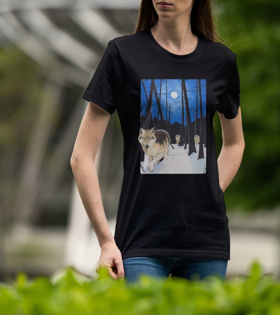 Snow 1995 Wild Earth Wolf Vintage Full Moon Forest Scene T-Shirt