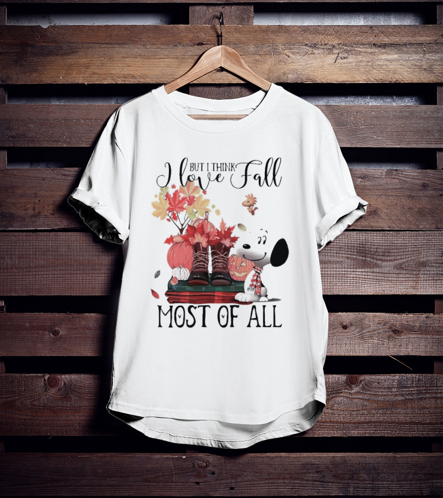 I Love Fall Most Of All Snoopy Dog With Boots Pumpkins And Leaves T-Shirt
