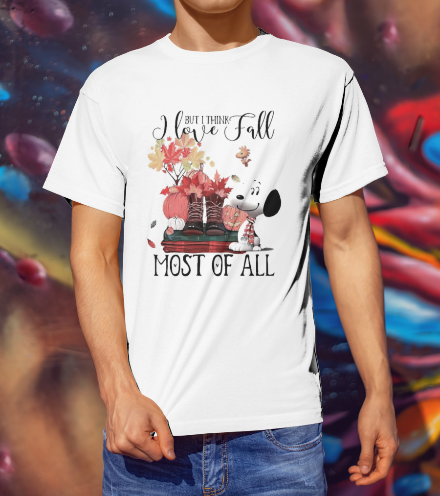 I Love Fall Most Of All Snoopy Dog With Boots Pumpkins And Leaves T-Shirt
