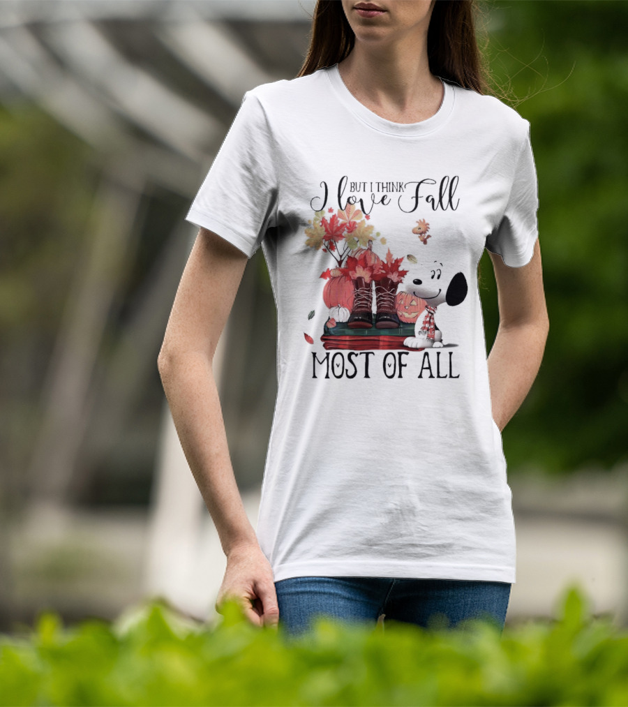 I Love Fall Most Of All Snoopy Dog With Boots Pumpkins And Leaves T-Shirt