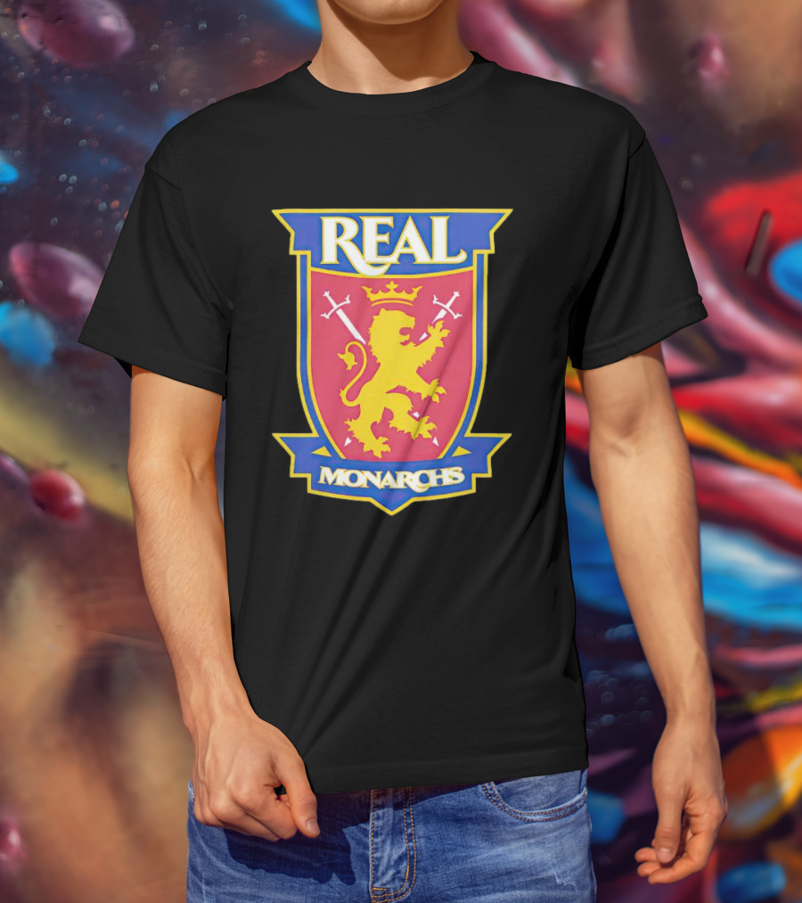 Real Salt Lake Real Monarchs Bold Emblem Crest With Lion And Crossed Swords T-Shirt