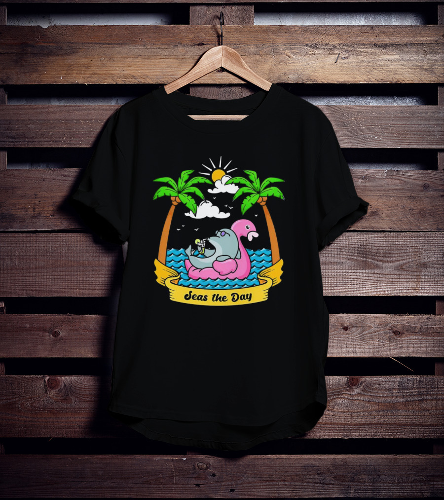 Seas The Day Relaxed Fit Palm Trees Flamingo Float Sunshine Clouds Ocean Waves T-Shirt