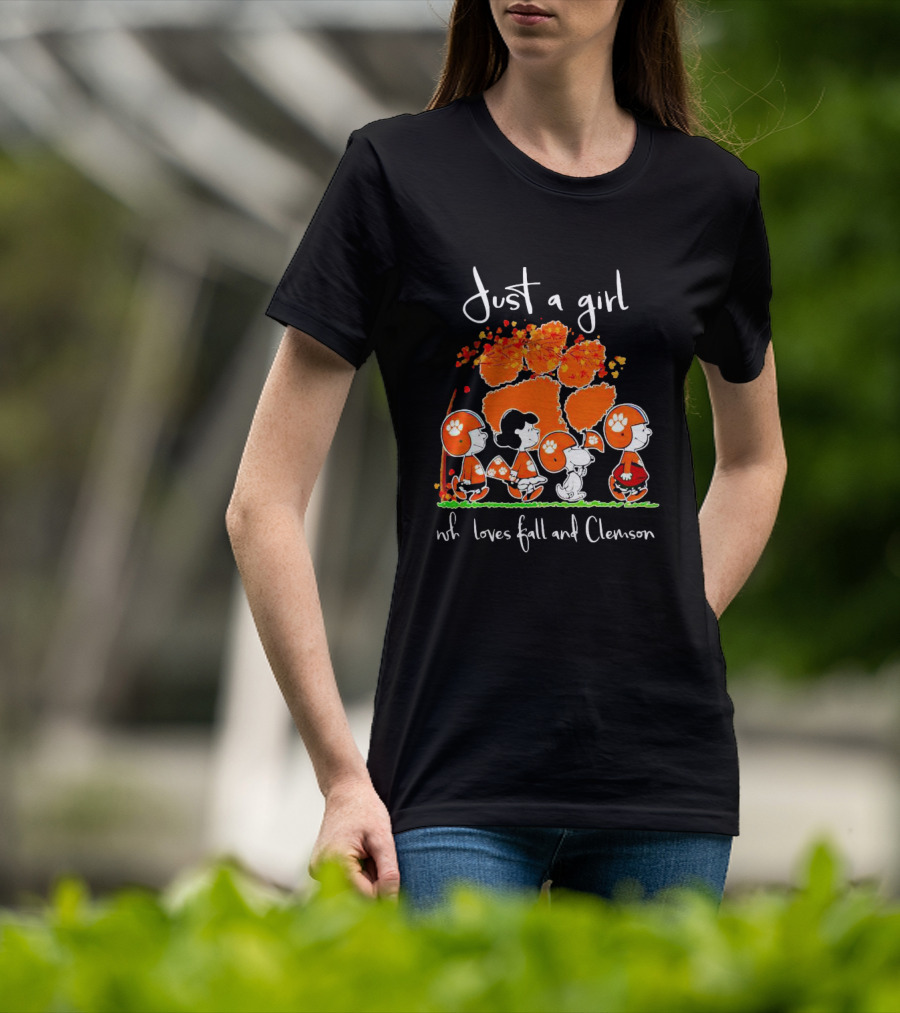 Just A Girl Who Loves Fall And Clemson Peanuts Characters T-Shirt