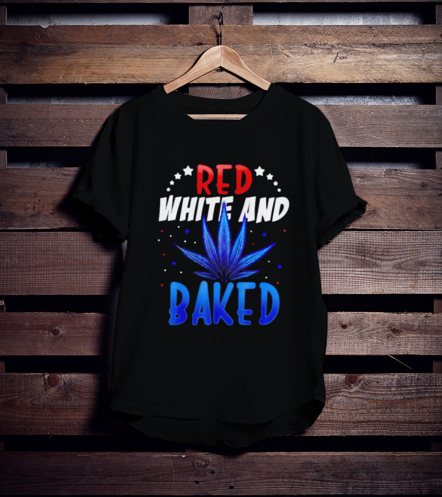 Red White And Baked Weed Leaf With Stars And Dots T-Shirt