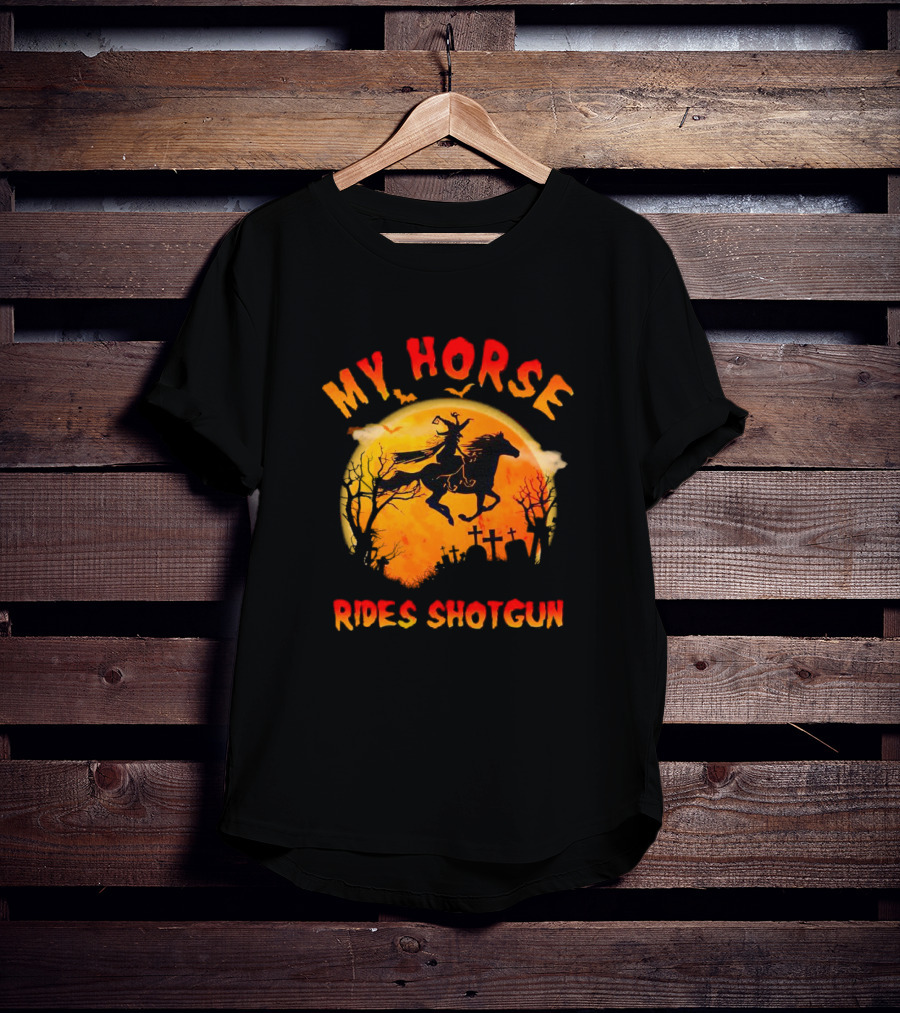 My Horse Rides Shotgun Halloween Witch Graveyard Scene T-Shirt