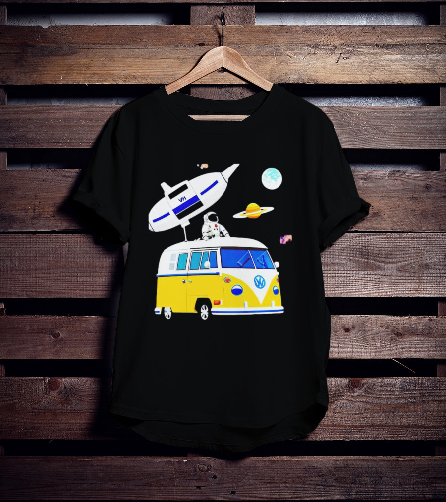 Astronaut Riding Yellow Volkswagen Bus With Rocket And Saturn Planet Background T-Shirt