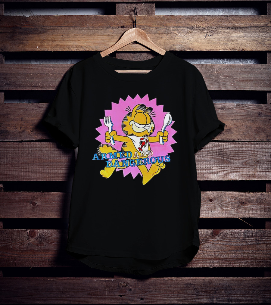 Armed And Dangerous Garfield With Fork And Spoon On Pink Starbursts T-Shirt