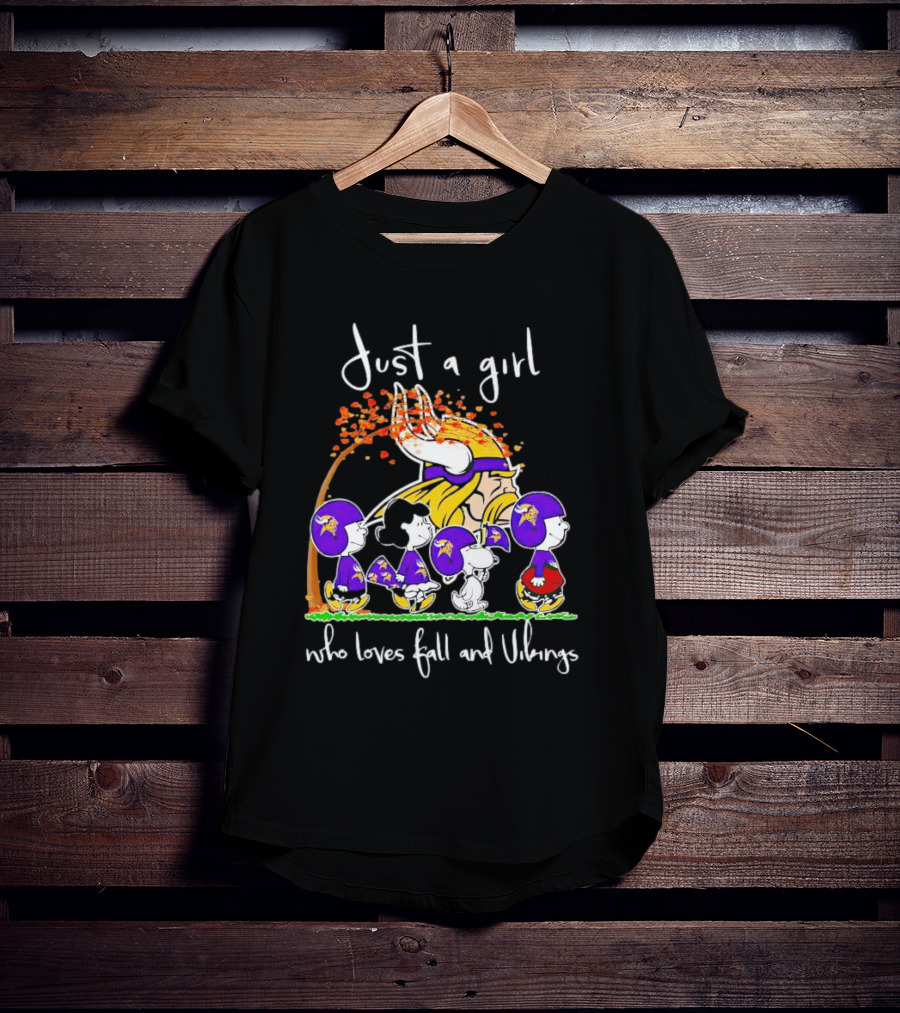Peanuts Characters Just A Girl Who Loves Fall And Vikings With Autumn Tree And Football Helmets T-Shirt