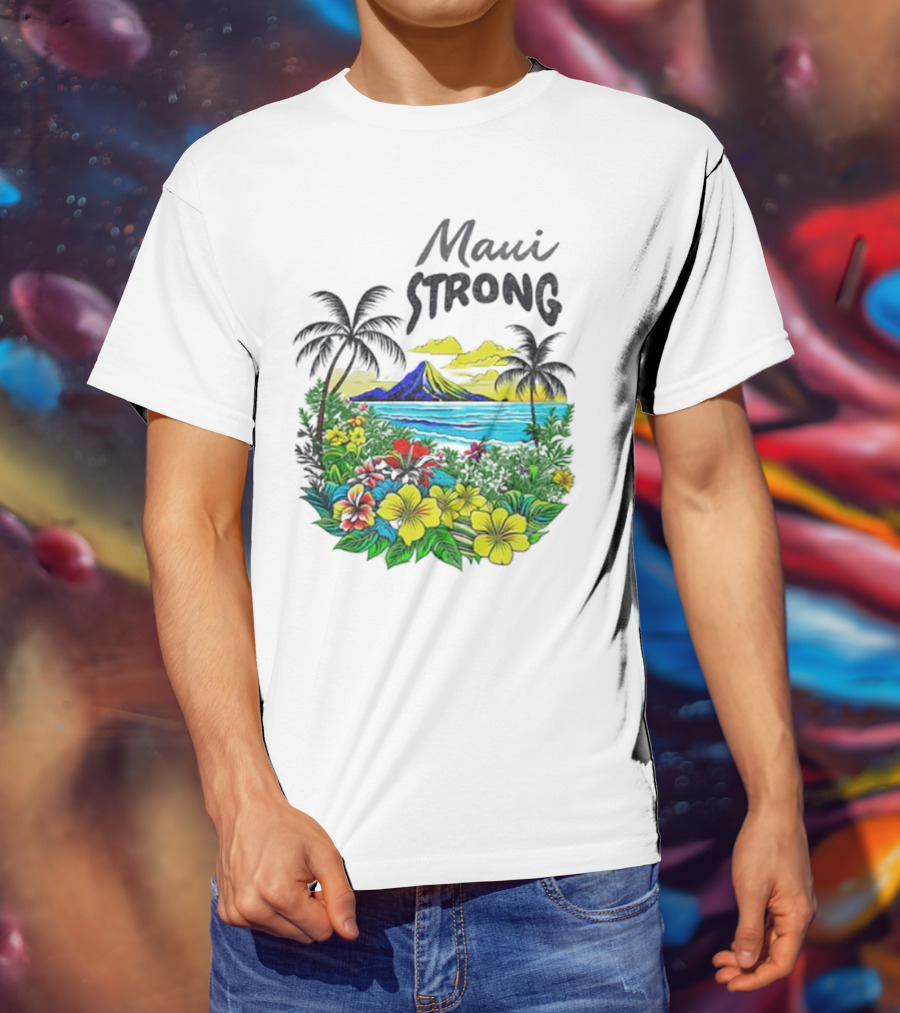 Maui Strong Fundraiser Helping Maui Fire Relief Efforts Vibrant Hawaiian Island Scene T-Shirt