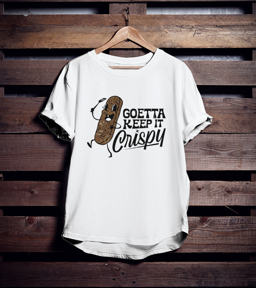 Goetta Keep It Crispy Smiling Fried Stick Character With Fork Enthusiastically Walking T-Shirt
