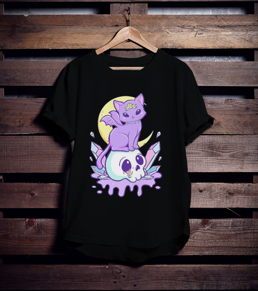 Witchy Cat With Moon And Skull Crystals T-Shirt