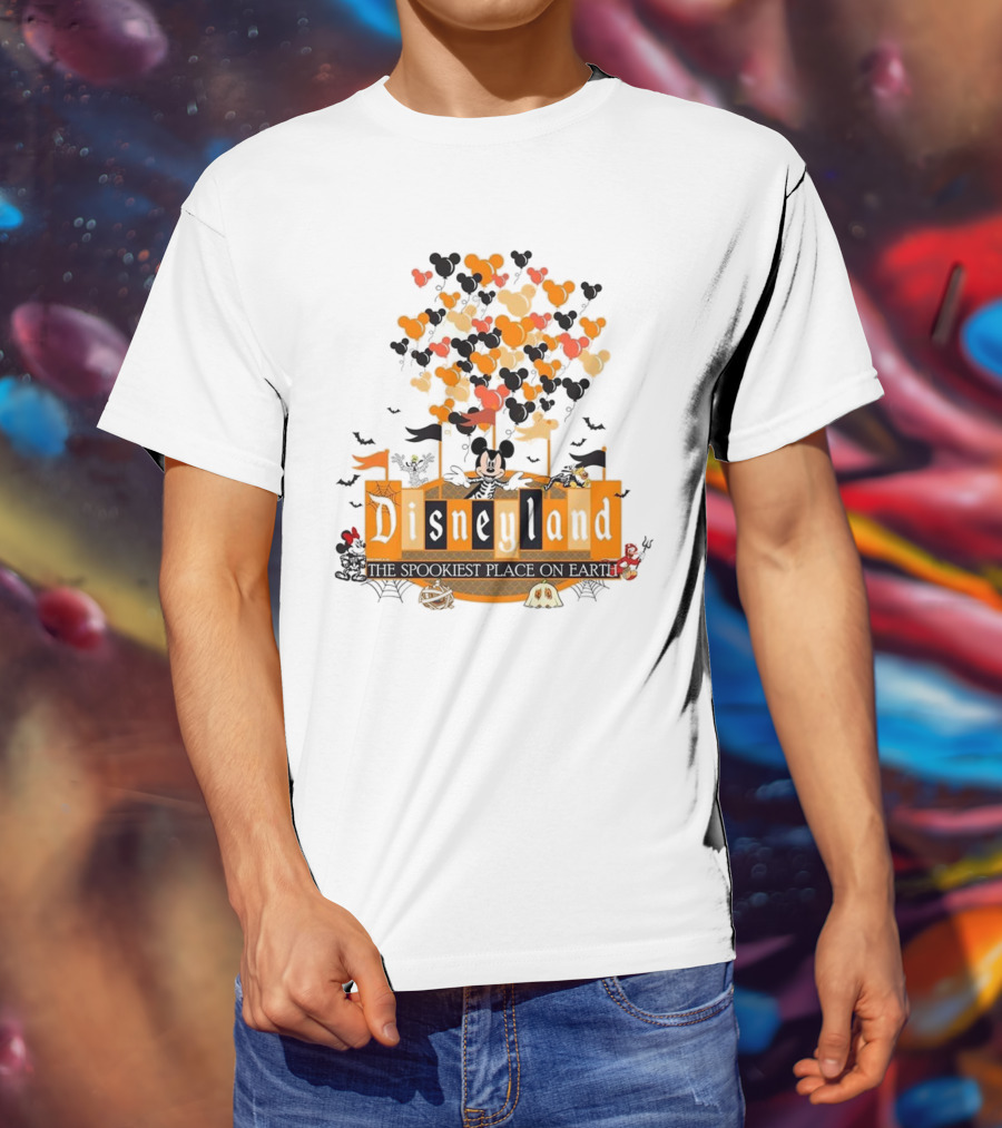 Disneyland Halloween Mickey Mouse The Spookiest Place On Earth Orange Bats And Pumpkins T-Shirt