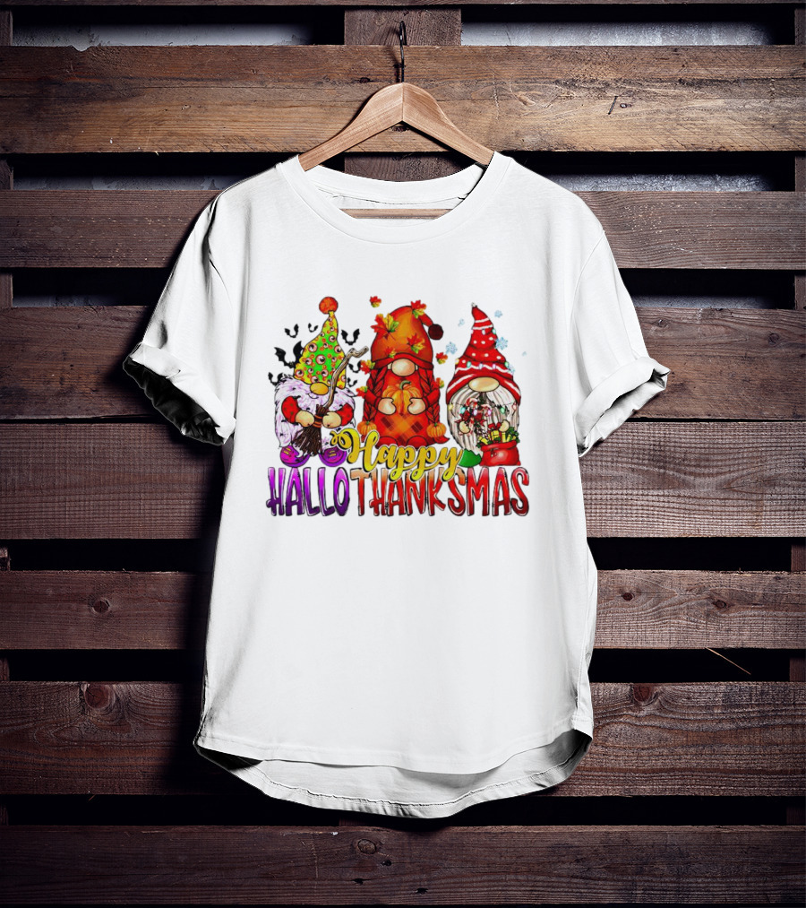 Happy Hallothanksmas Gnomes Halloween Thanksgiving Christmas T-Shirt