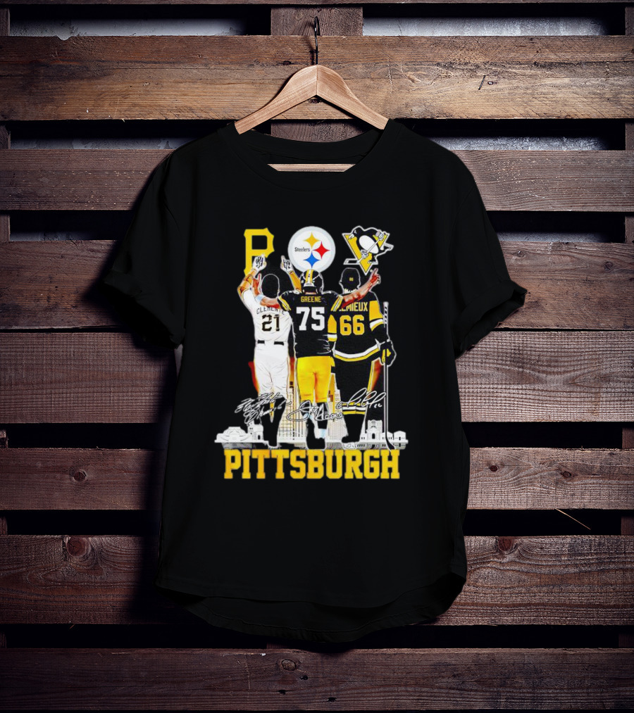 Pittsburgh Steelers Penguins Pirates Clemente Greene Lemieux Signatures T-Shirt