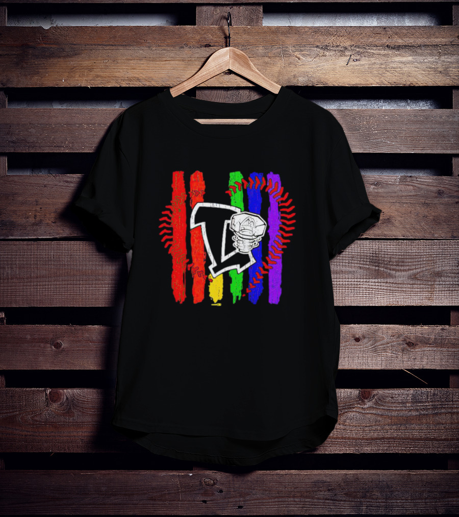 Lansing Lugnuts Pride Logo With Rainbow Stripes And Baseball Seam T-Shirt