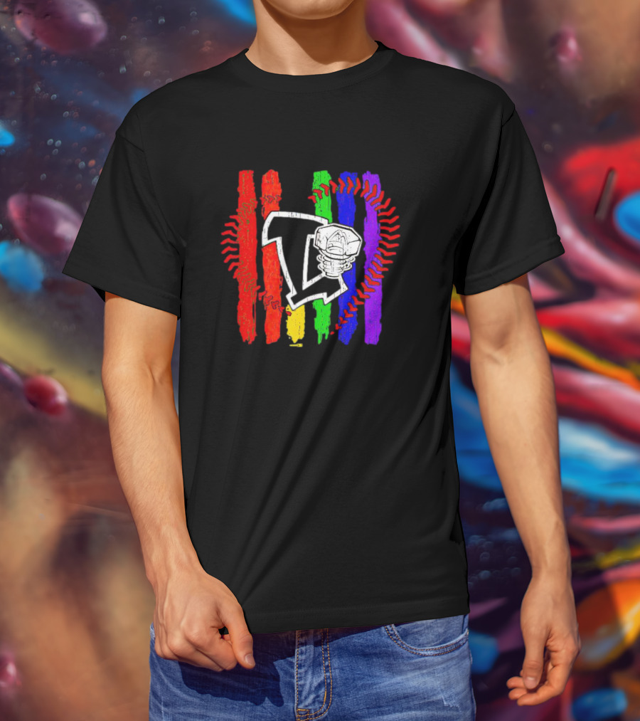 Lansing Lugnuts Pride Logo With Rainbow Stripes And Baseball Seam T-Shirt