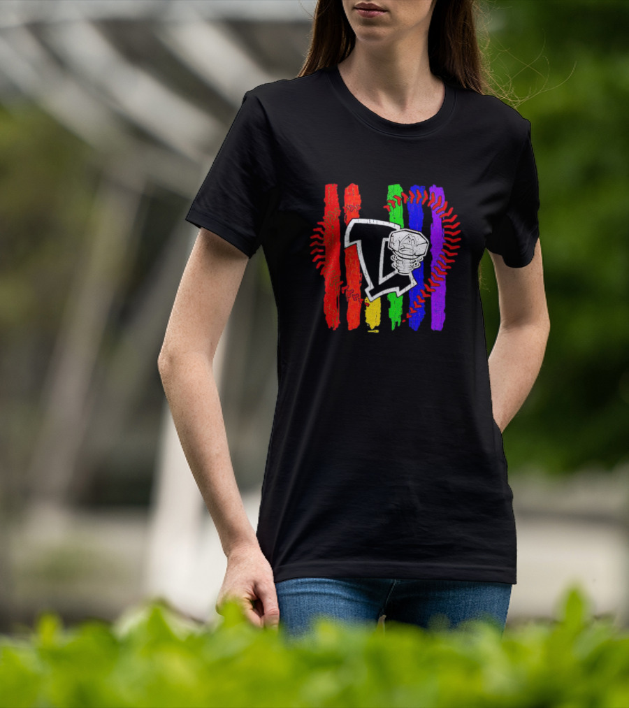 Lansing Lugnuts Pride Logo With Rainbow Stripes And Baseball Seam T-Shirt