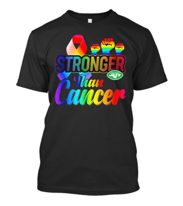 New York Jets Stronger Than Cancer Rainbow Ribbon And Fists T-Shirt