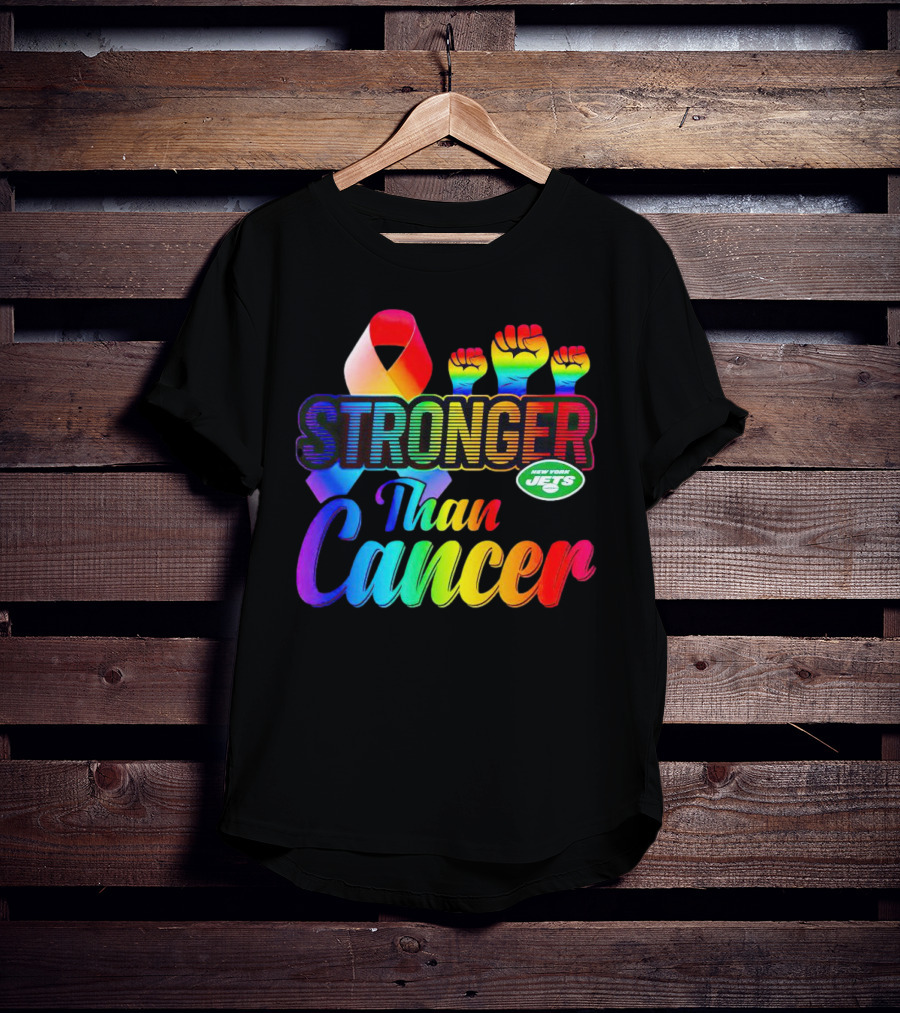 New York Jets Stronger Than Cancer Rainbow Ribbon And Fists T-Shirt