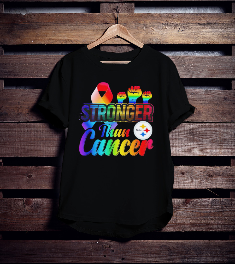 Pittsburgh Steelers Stronger Than Cancer Rainbow Ribbon And Fists T-Shirt